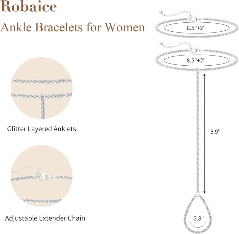 Robaice Ankle Bracelets for Women, Glitter Waterproof Adjustable Anklet for Women, 14K Gold Plated/Sterling Silver Layered Anklets, Summer Beach Anklet Jewelry for Women Gift - Image 5